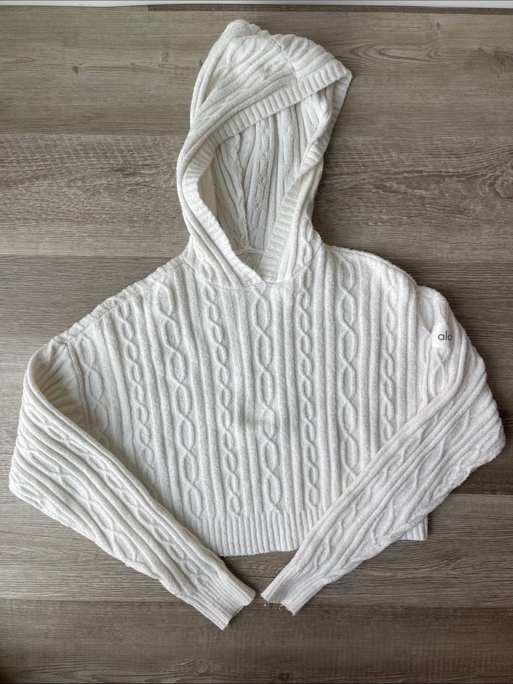ALO Yoga Cream Cable-Knit Hooded Sweater